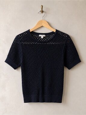 Gap Gray Open Knit Short Sleeve Sweater XS Navy Lightweight Crochet Pullover